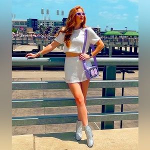 Full Eras Tour Outfit🪩💜 Two piece white sequins skort and top, boots, etc.